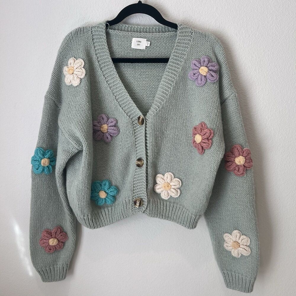 Luna Ivy Anthropologie Mint Green Crop Button Cardigan Crocheted Puff Flowers M